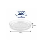 Transparent rotating 360 degree plastic organizer tray for kitchen and pantry storage with anti-slip base.