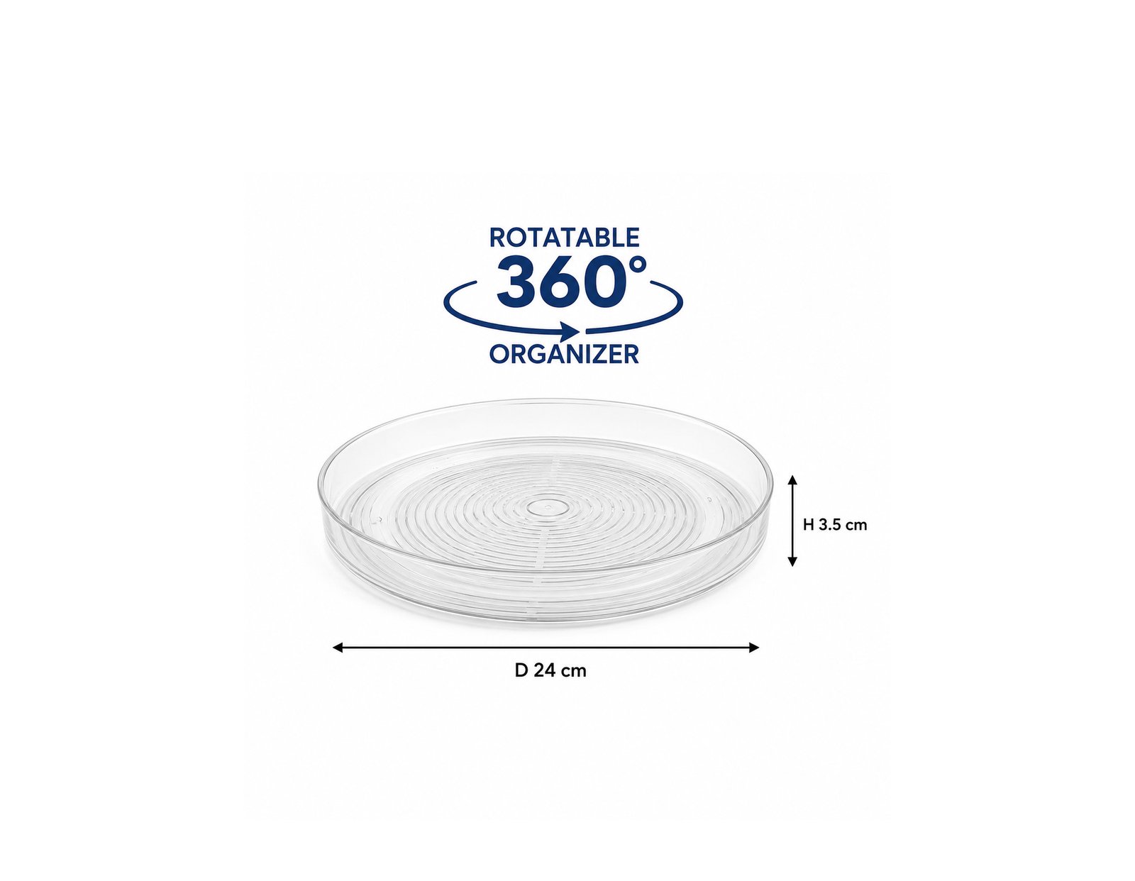 Transparent rotating 360 degree plastic organizer tray for kitchen and pantry storage with anti-slip base.