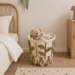 decorative straw storage basket with metal frame and removable beige linen fabric bag for home organization in Lebanon