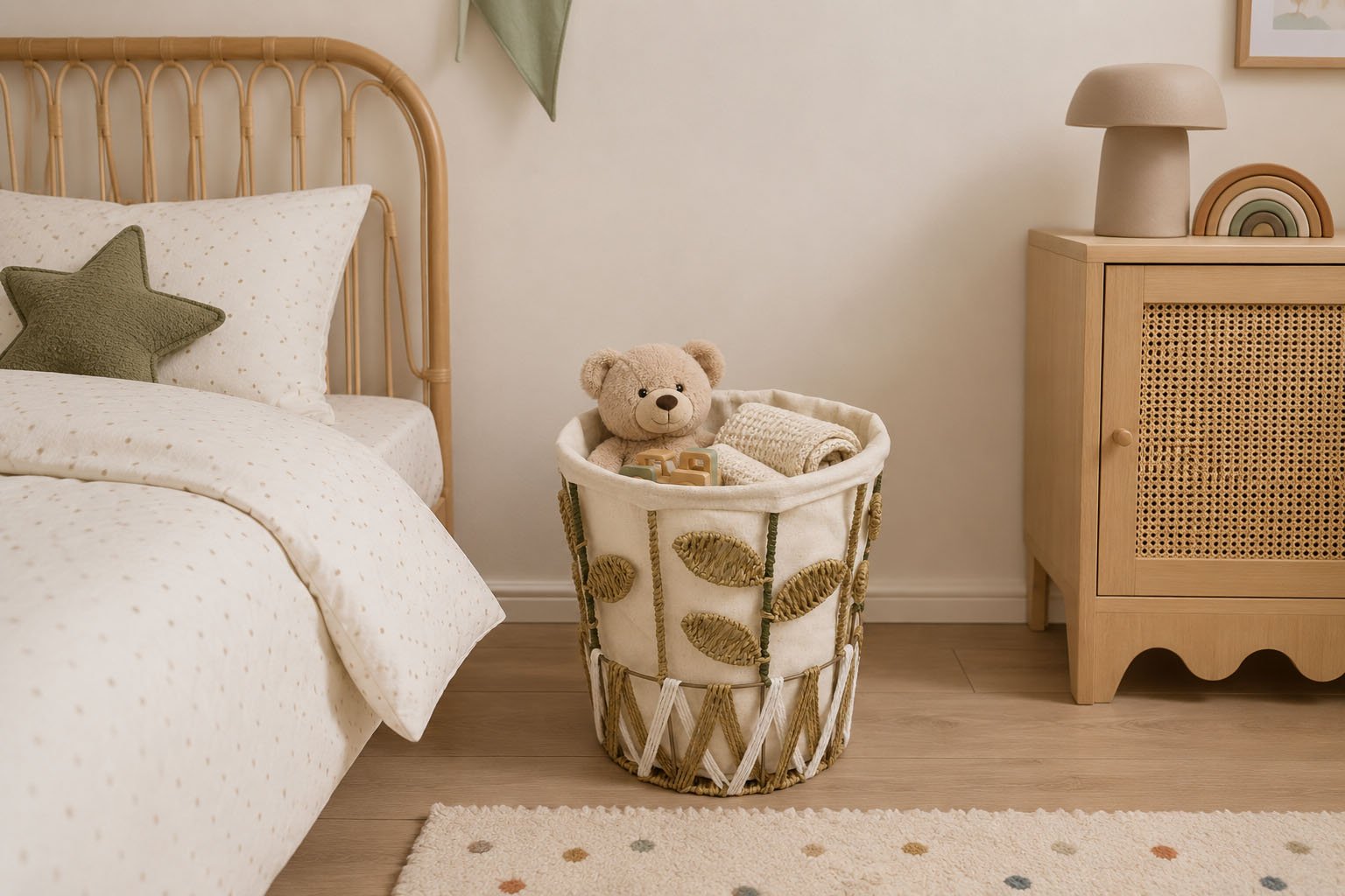 decorative straw storage basket with metal frame and removable beige linen fabric bag for home organization in Lebanon