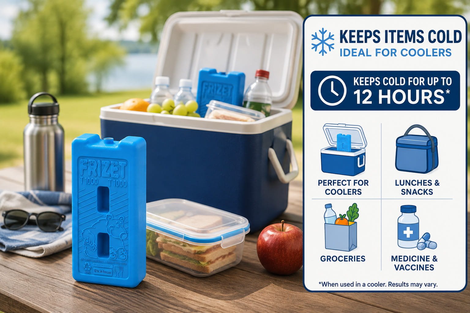 Blue Frizet T1000 reusable ice pack for cooler boxes keeps food and drinks cold for up to 12 hours