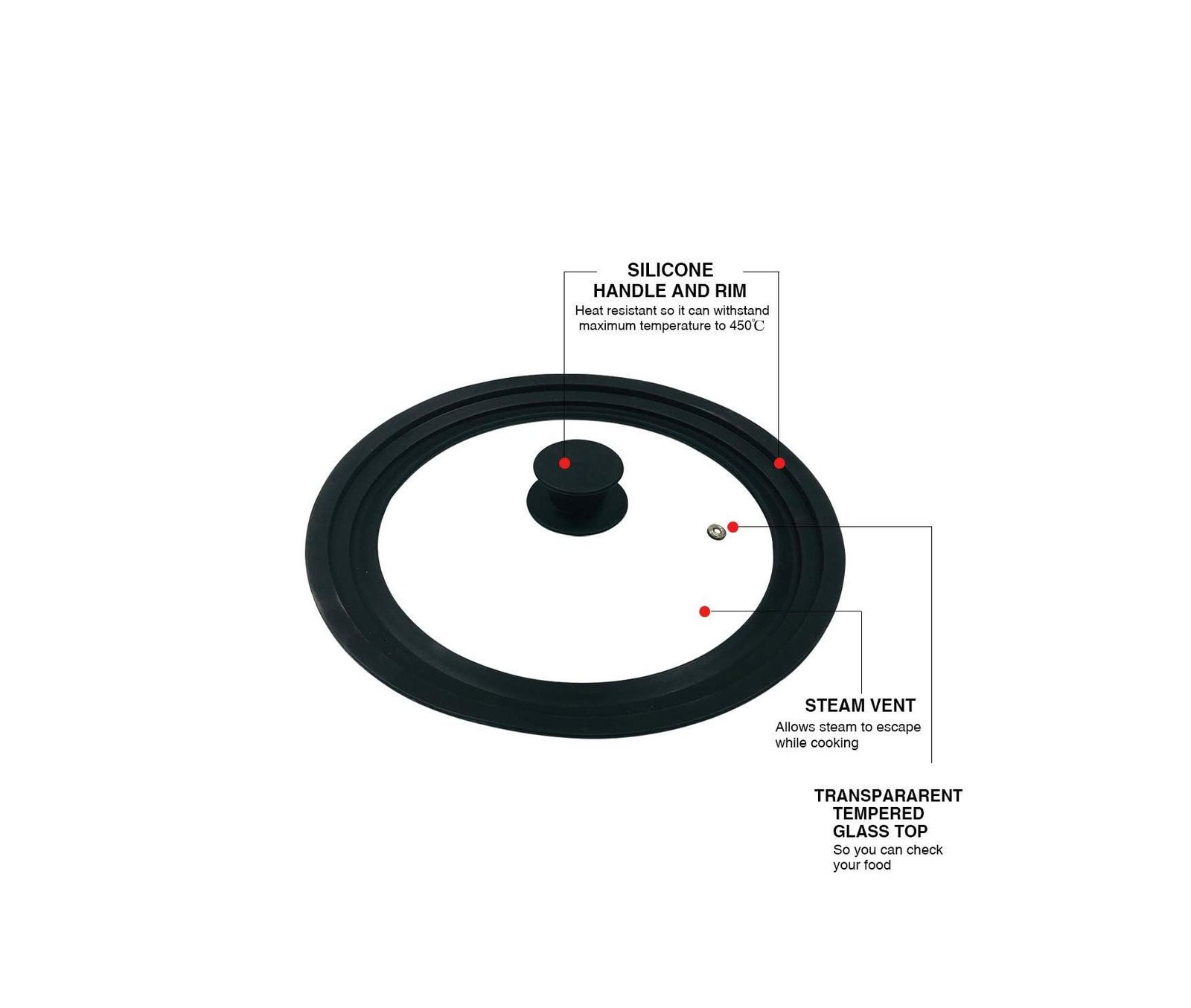 glass lid with black silicone rim suitable for 24 cm, 26 cm, and 28 cm pots and pans on white background.