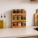 bamboo spice rack organizer with 9 airtight clear glass jars for kitchen spices and dry food storage