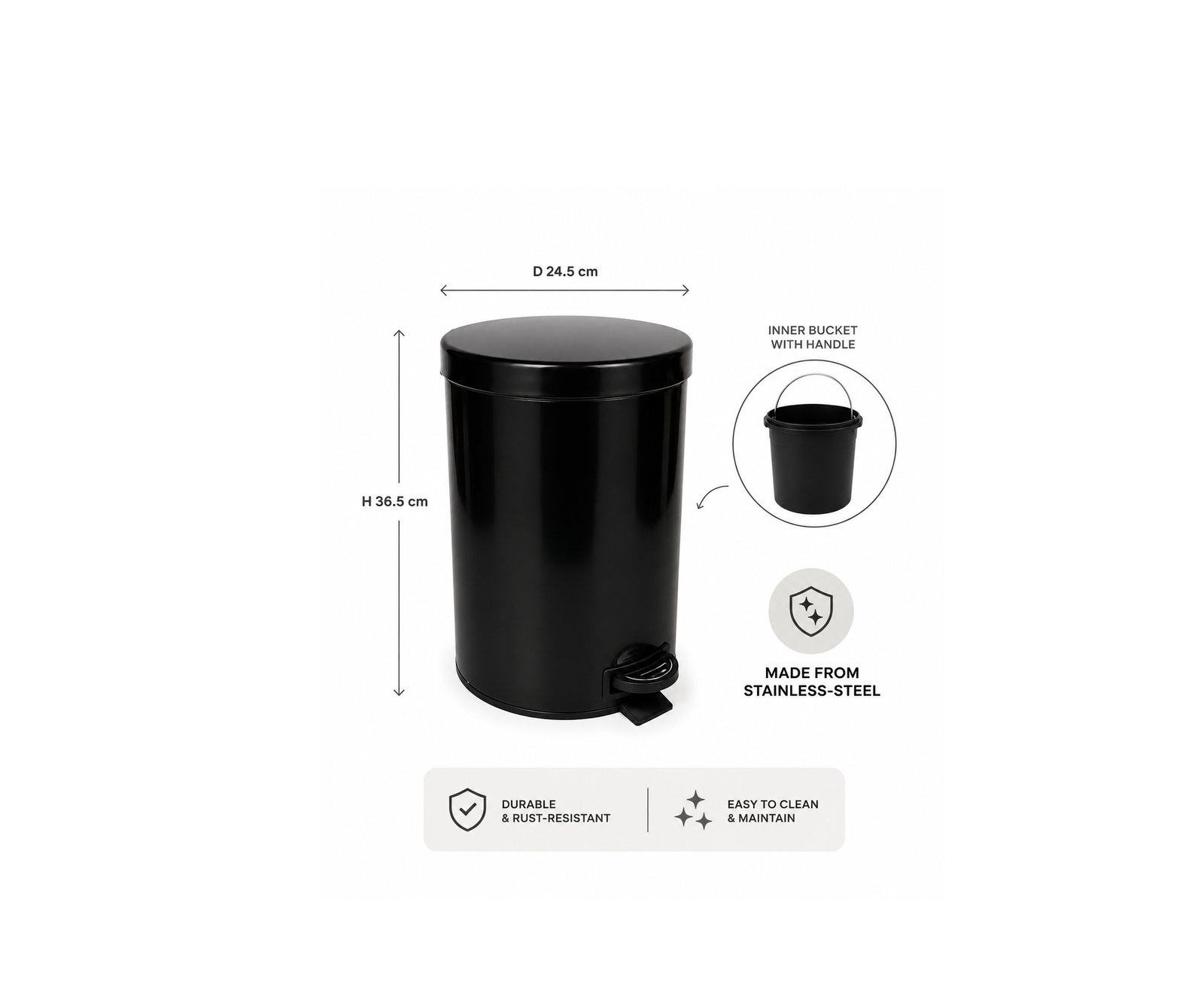 Modern 12-liter stainless-steel foot pedal waste bin with removable inner bucket and matte finish for bathroom or office use.