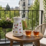1 liter floral thermos with wood handle and pink glass inner lining for Arabic coffee and tea serving.