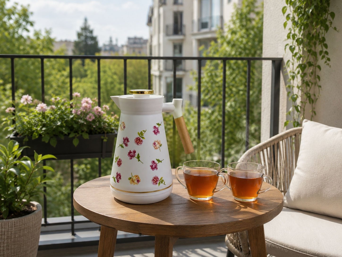 1 liter floral thermos with wood handle and pink glass inner lining for Arabic coffee and tea serving.