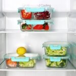 Glass food container 1520ml with 2 compartments airtight lid white background