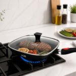 Barella 28cm square non-stick grill pan with glass lid on modern kitchen stove