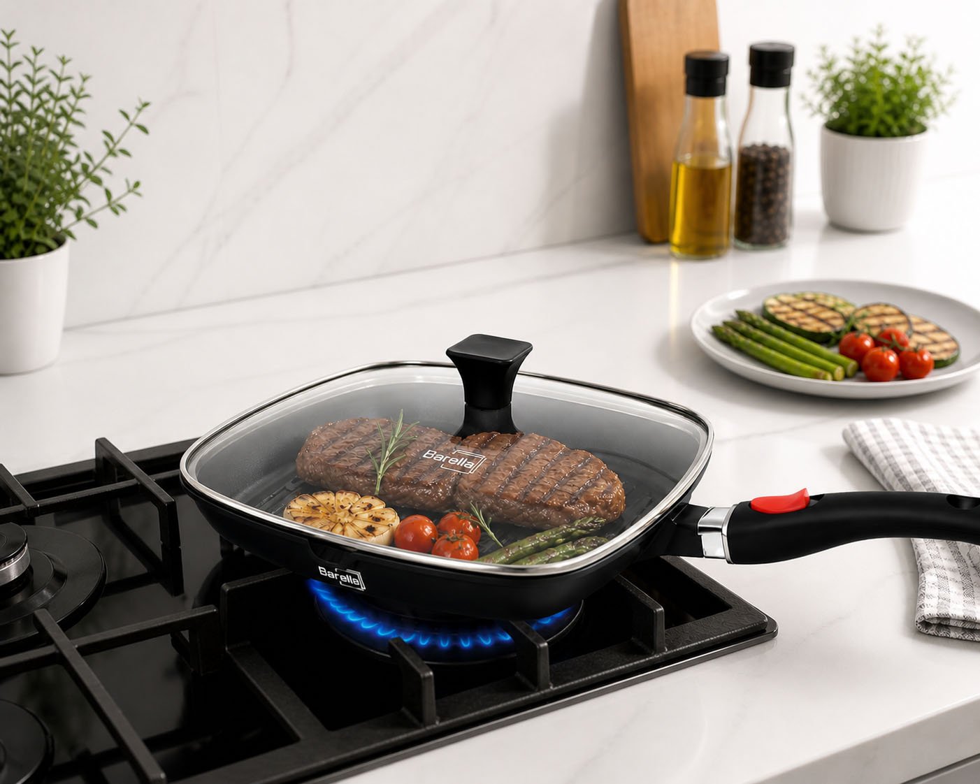 Barella 28cm square non-stick grill pan with glass lid on modern kitchen stove