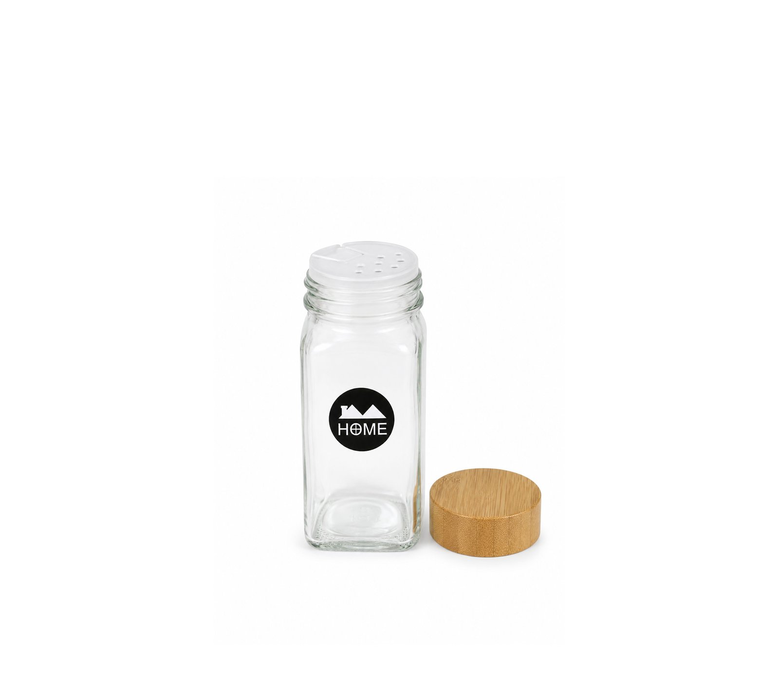 Natural bamboo spice rack organizer with 10 airtight clear glass jars for kitchen spices and dry food storage