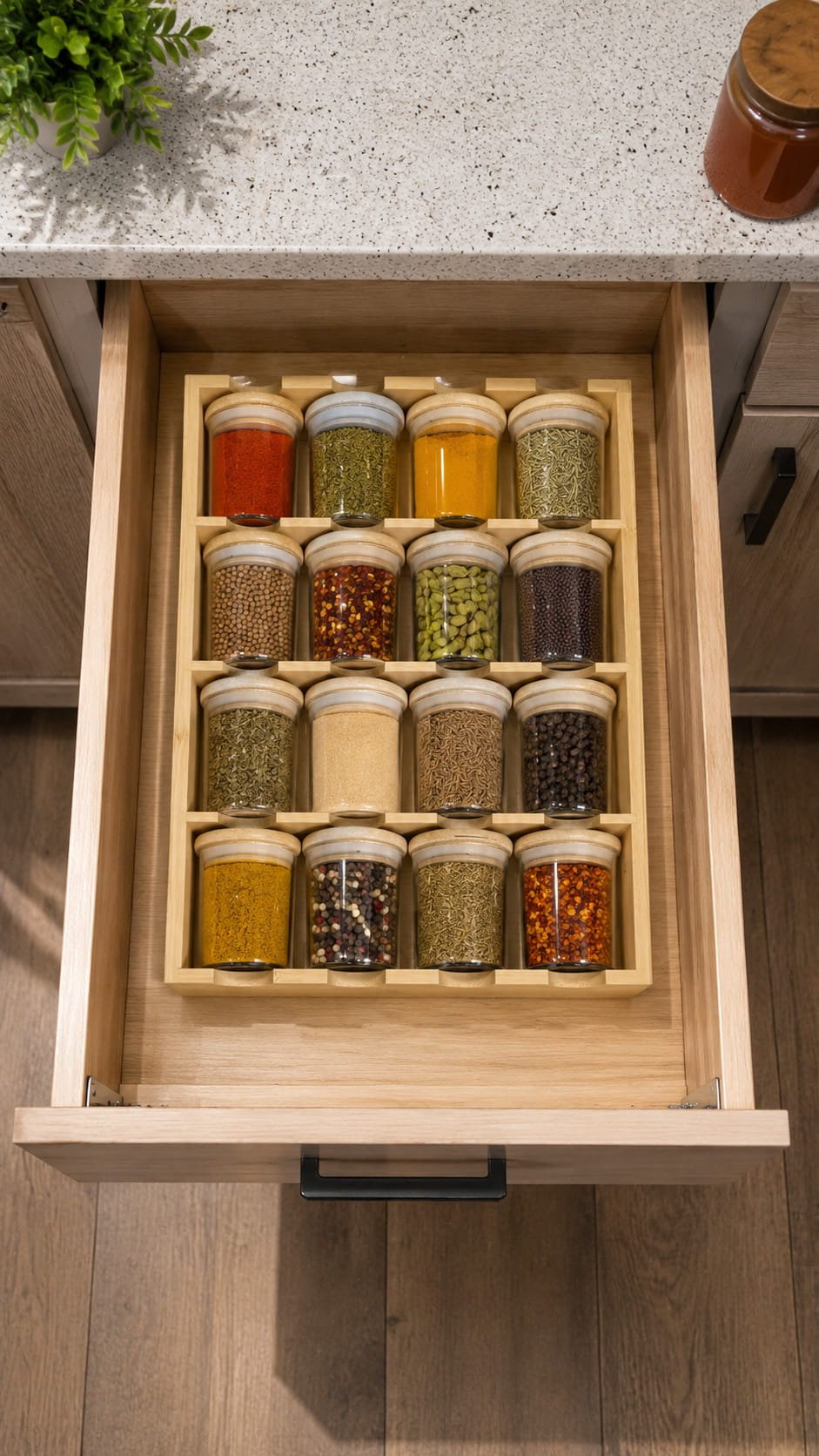 Bamboo spice rack with 16 airtight glass jars and bamboo spoons on white background