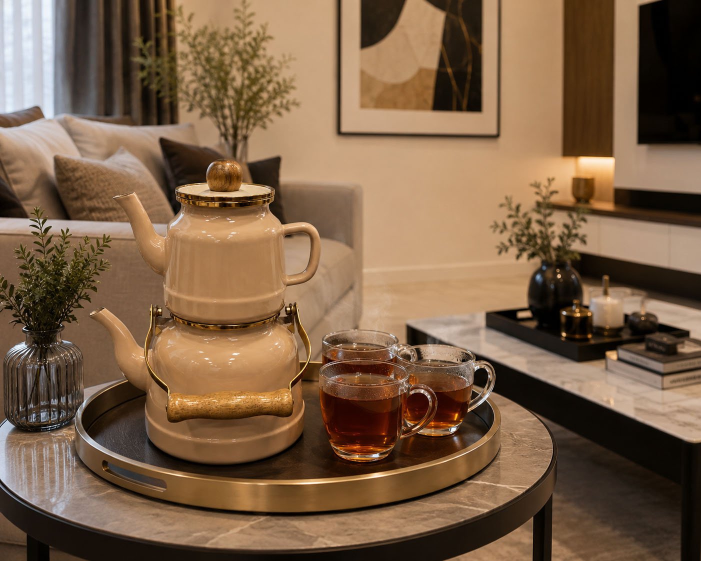 metal tea kettle and teapot set with wood handles