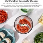 manual food chopper with 5 stainless-steel blades for cutting vegetables, fruits, herbs, and meat pastes on white background