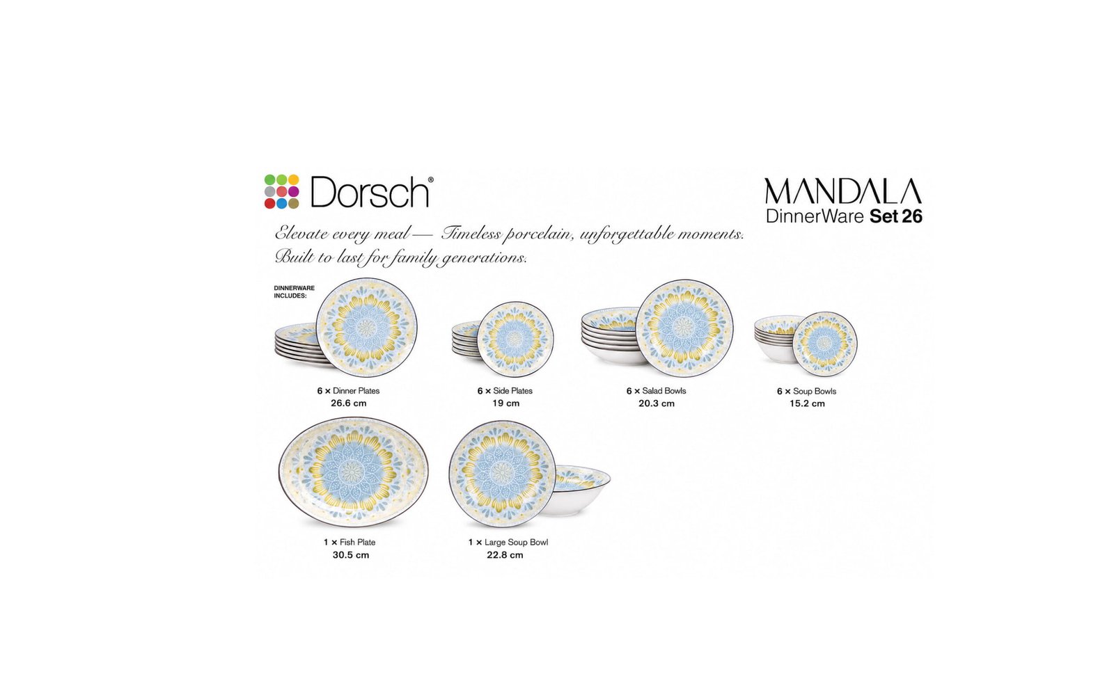 mandala 26-piece white porcelain dinnerware set with grey botanical leaf pattern and serving plates bowls collection