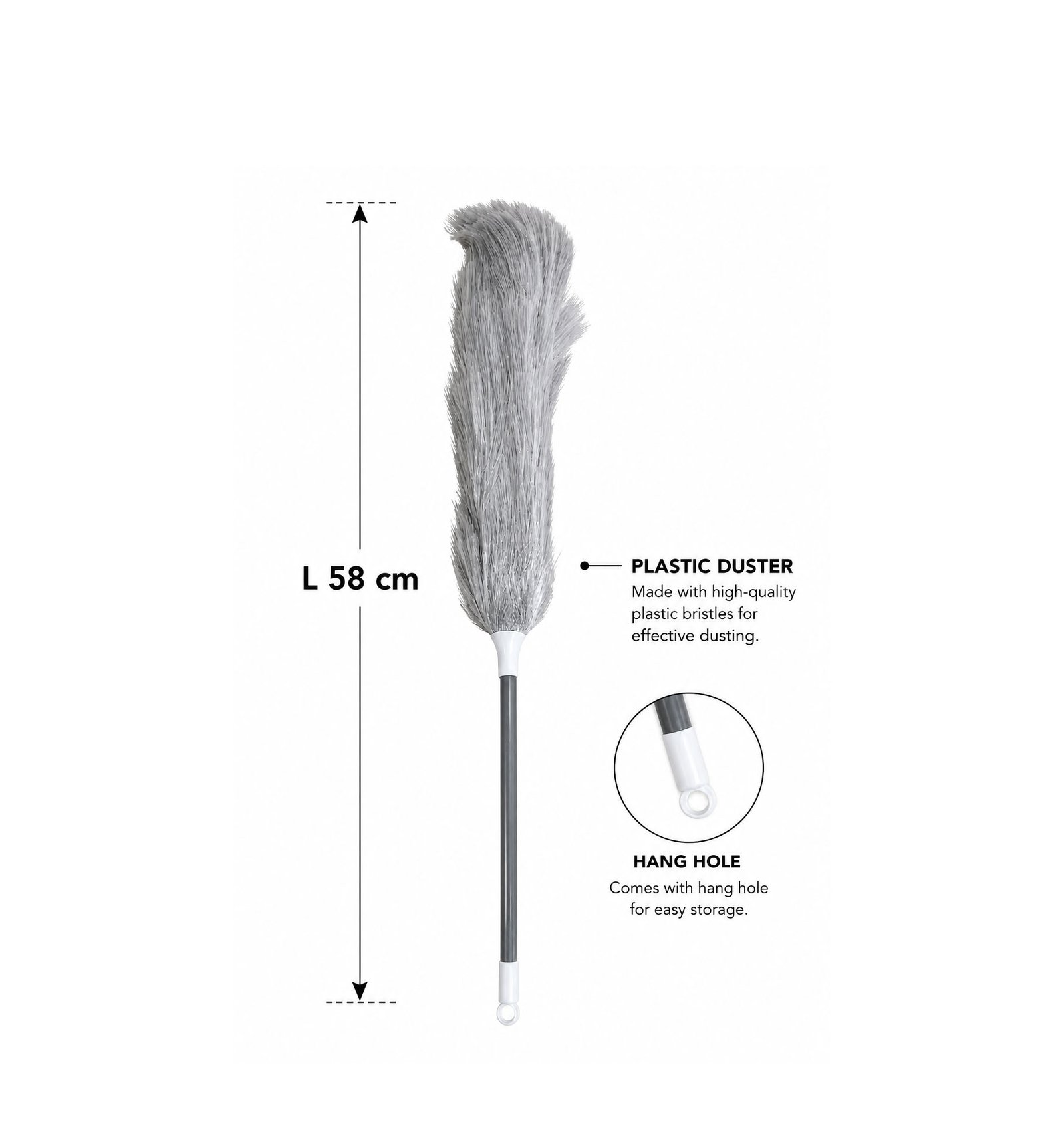 cleaning duster with soft grip handle and hang hole for easy storage on white background.