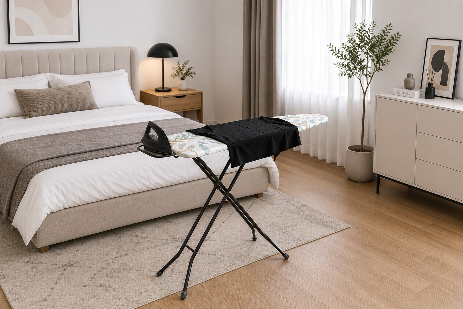 metallic ironing board with patterned cover and foldable metal legs on white background