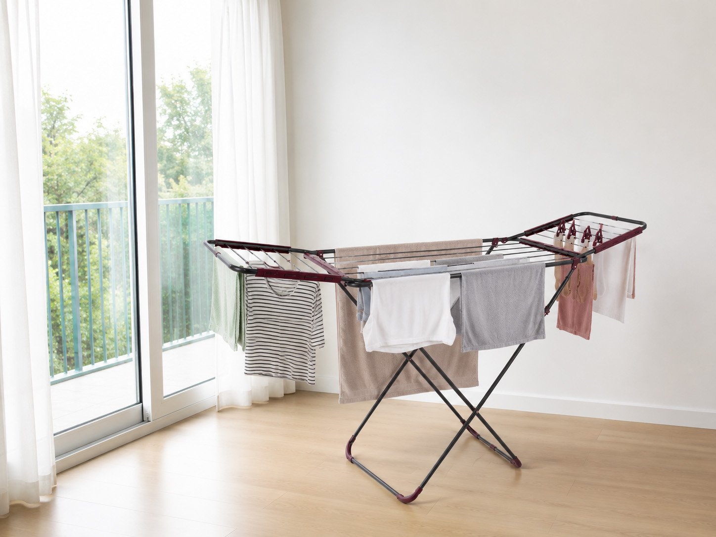 Avrora steel foldable laundry drying rack with rust-resistant coating and side wings in white background