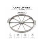 Stainless steel 10-piece cake divider with dual handles for evenly slicing cakes and pastries into equal portions.