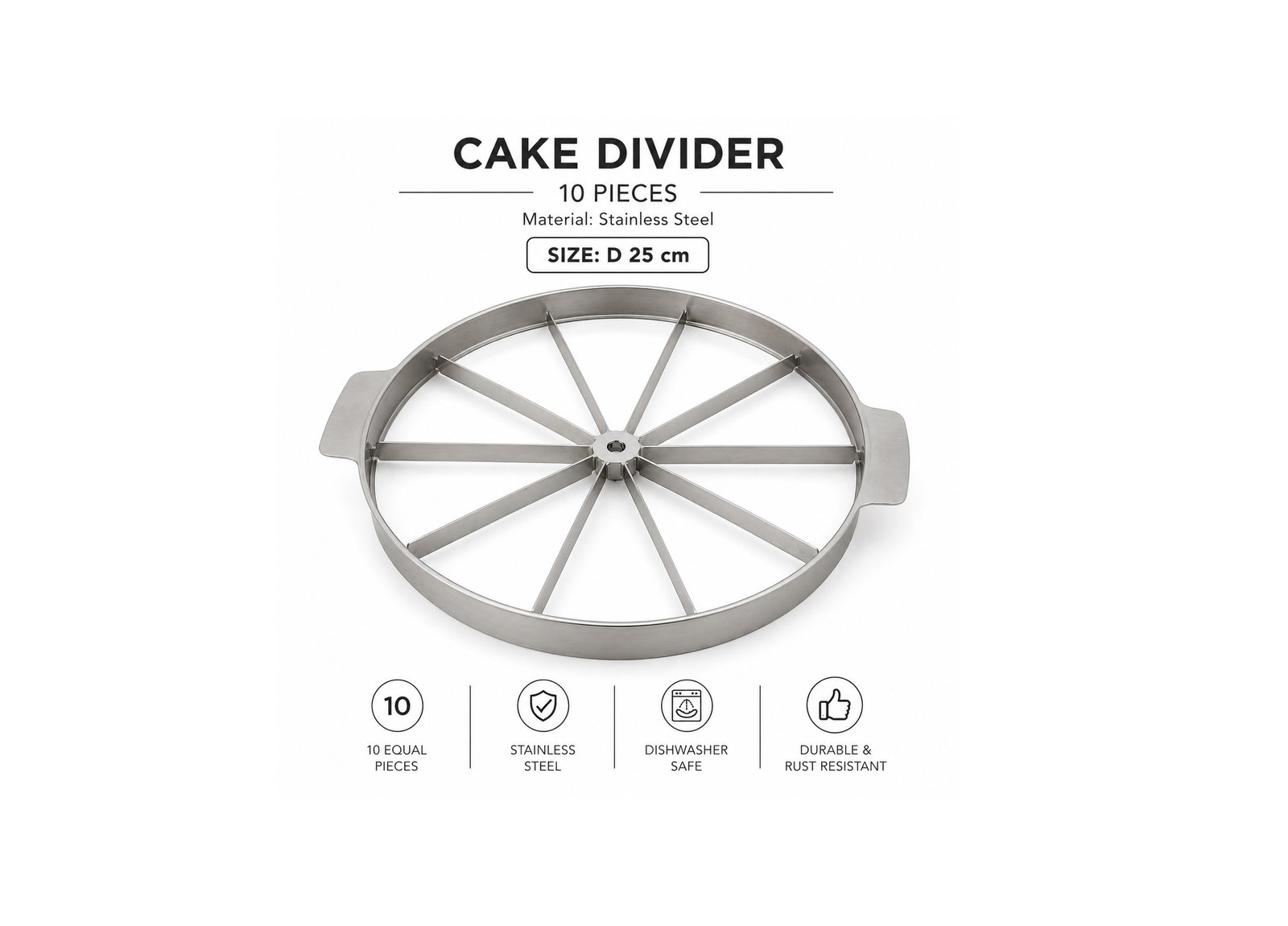 Stainless steel 10-piece cake divider with dual handles for evenly slicing cakes and pastries into equal portions.