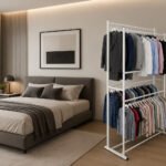 Modern double rod white metal garment rack with four hanging rods for clothes organization in bedroom or laundry room