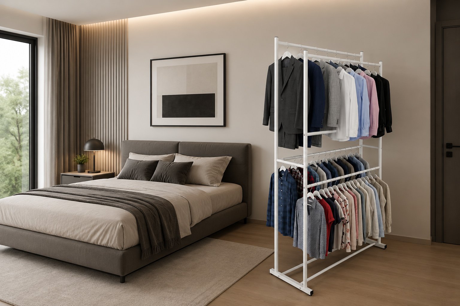 Modern double rod white metal garment rack with four hanging rods for clothes organization in bedroom or laundry room
