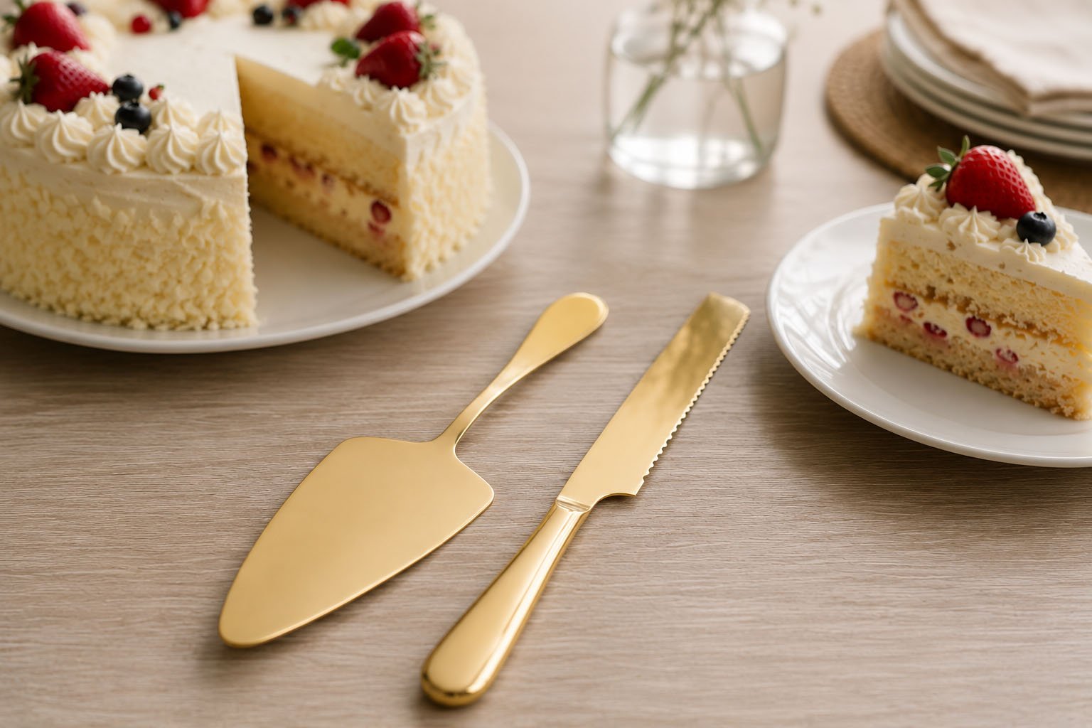 Dosthoff Platinum gold stainless-steel cake serving set with serrated knife and cake server in elegant luxury finish