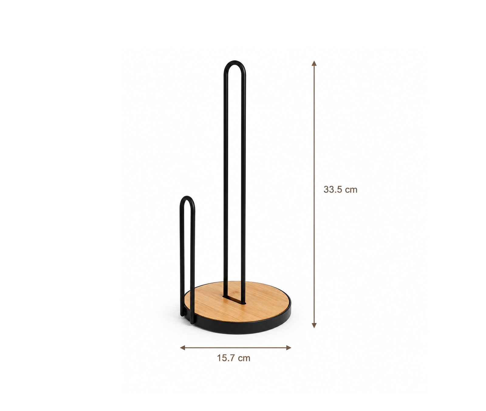 Freestanding black iron grid kitchen roll holder with natural bamboo base on white background.