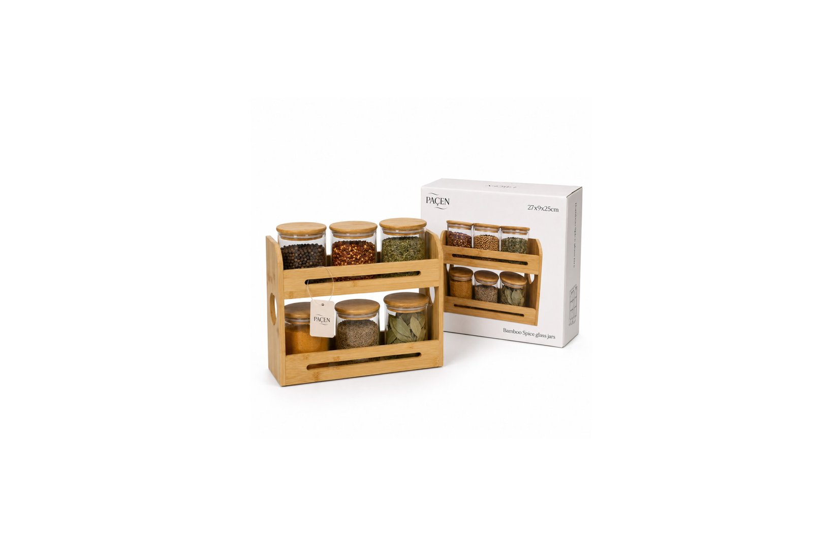 bamboo spice rack organizer with 6 airtight clear glass jars for kitchen spices and dry food storage