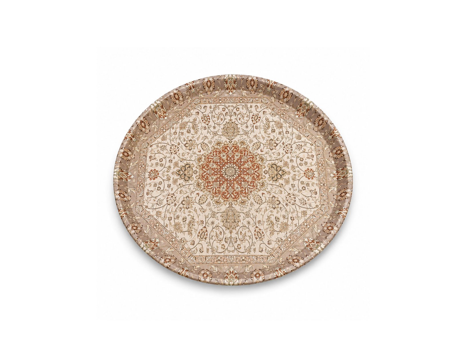 round serving tray with Persian rug pattern design made from durable plastic, size 35.5 cm diameter.