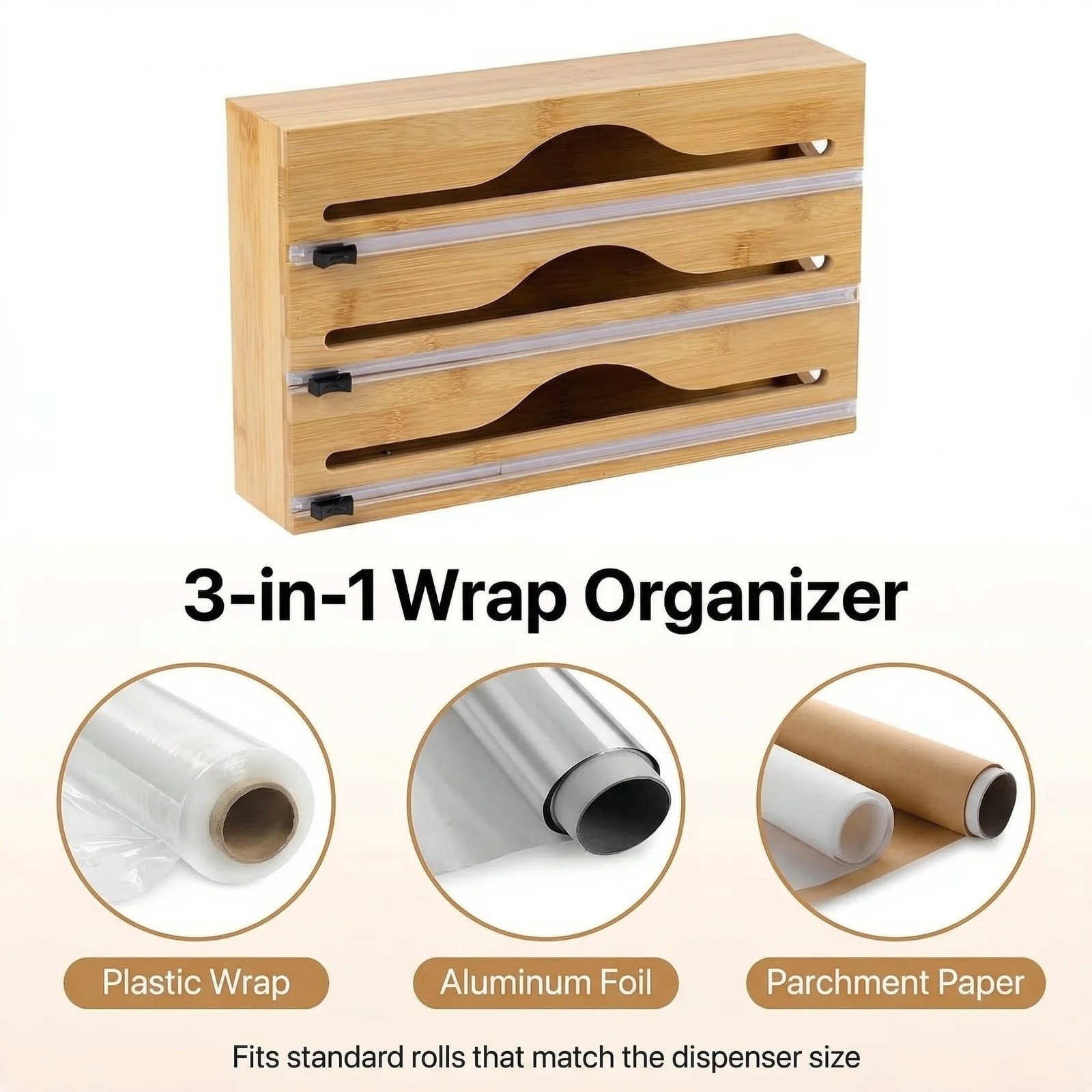 bamboo kitchen wrap organizer with sliding cutters for plastic wrap, aluminum foil, and parchment paper storage.