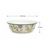 vintage floral metal serving bowl with green rim and decorative flower pattern for kitchen and dining table use.
