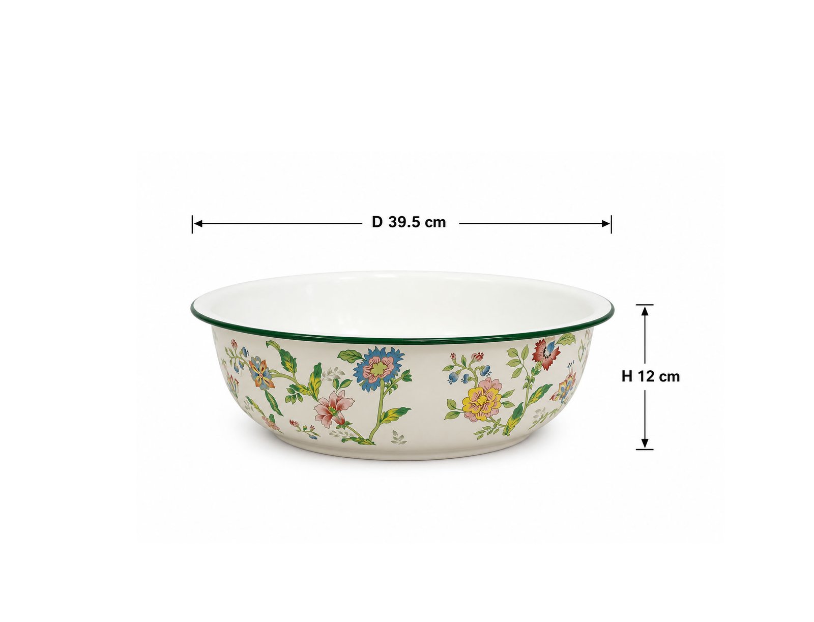 vintage floral metal serving bowl with green rim and decorative flower pattern for kitchen and dining table use.