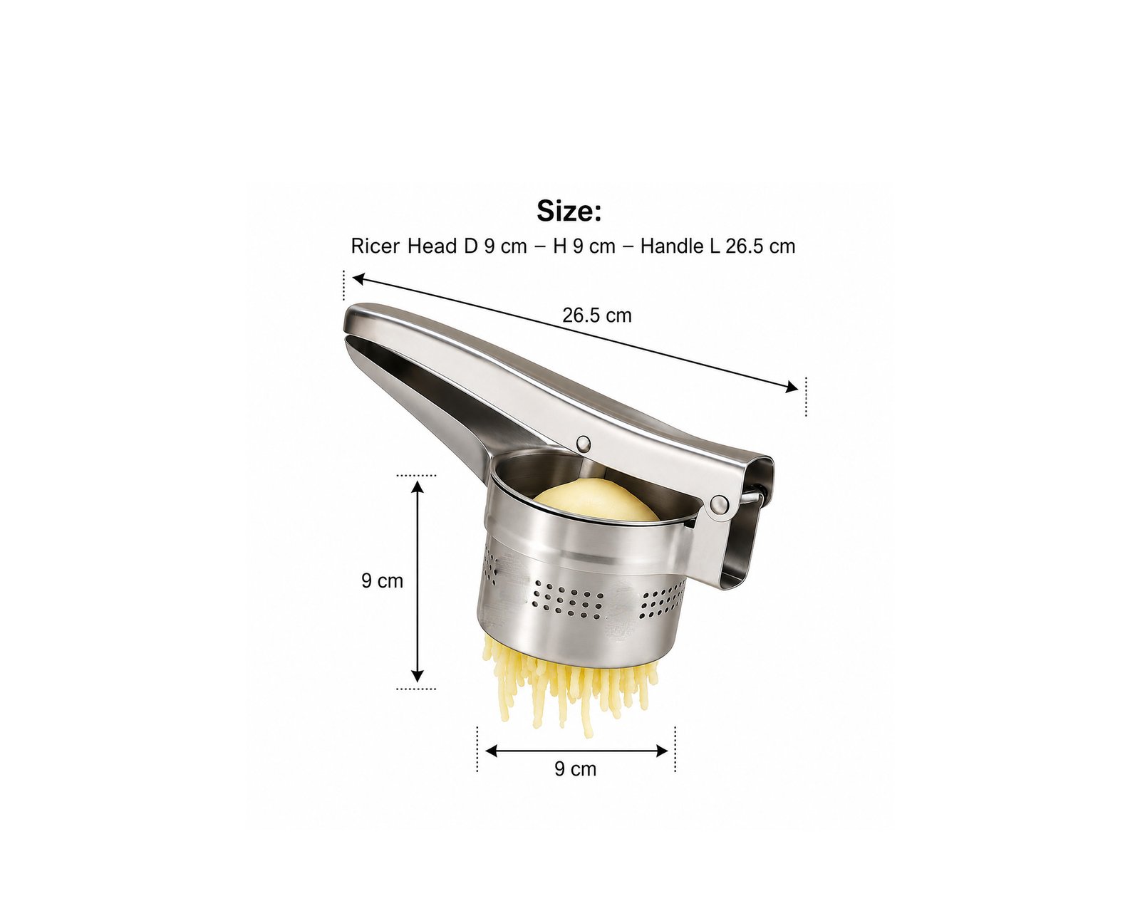 Heavy-duty stainless steel potato ricer with ergonomic handles for smooth mashed potatoes and vegetable purees.