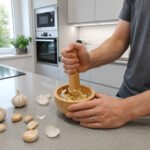 Natural bamboo mortar and pestle garlic masher set with ergonomic pestle and round bamboo bowl for crushing herbs and spices.