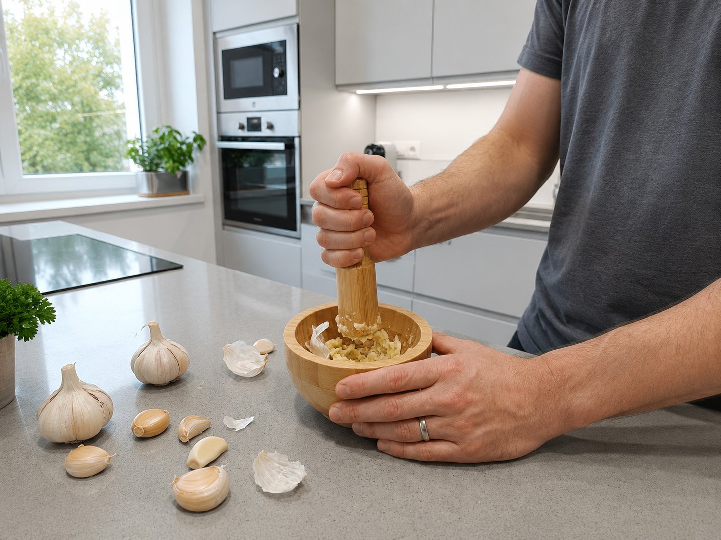 Natural bamboo mortar and pestle garlic masher set with ergonomic pestle and round bamboo bowl for crushing herbs and spices.
