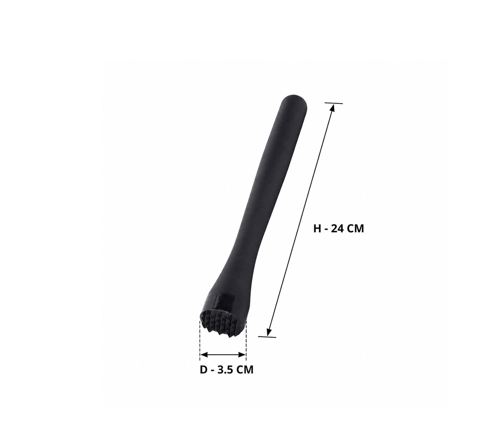 Black plastic cocktail muddler for crushing ice, lemon, garlic, herbs, and fruit drinks.