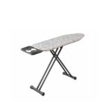 metallic ironing board with patterned cover and foldable metal legs on white background