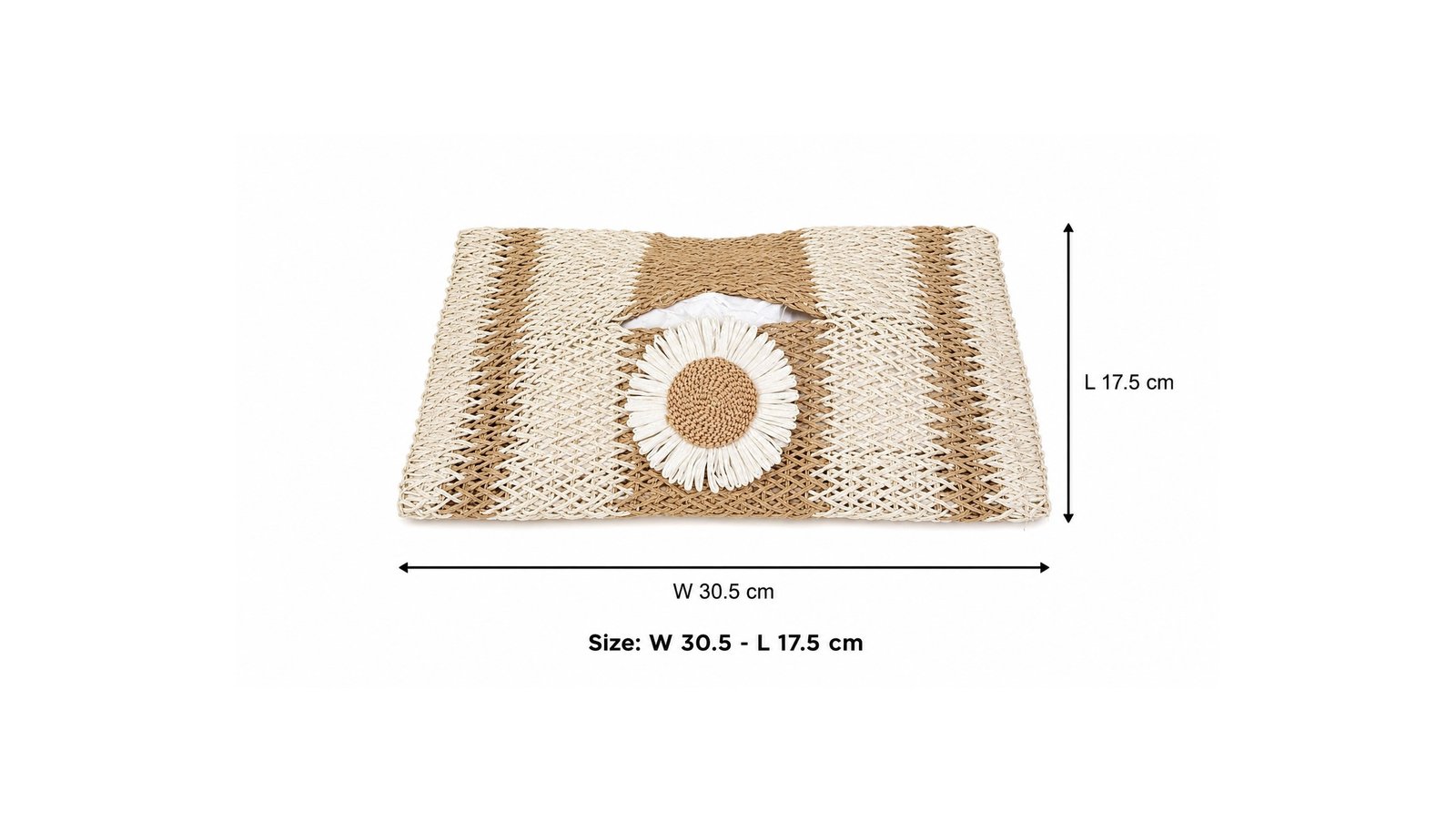 seagrass and rattan tissue box cover with white floral decorative accent on modern table décor.