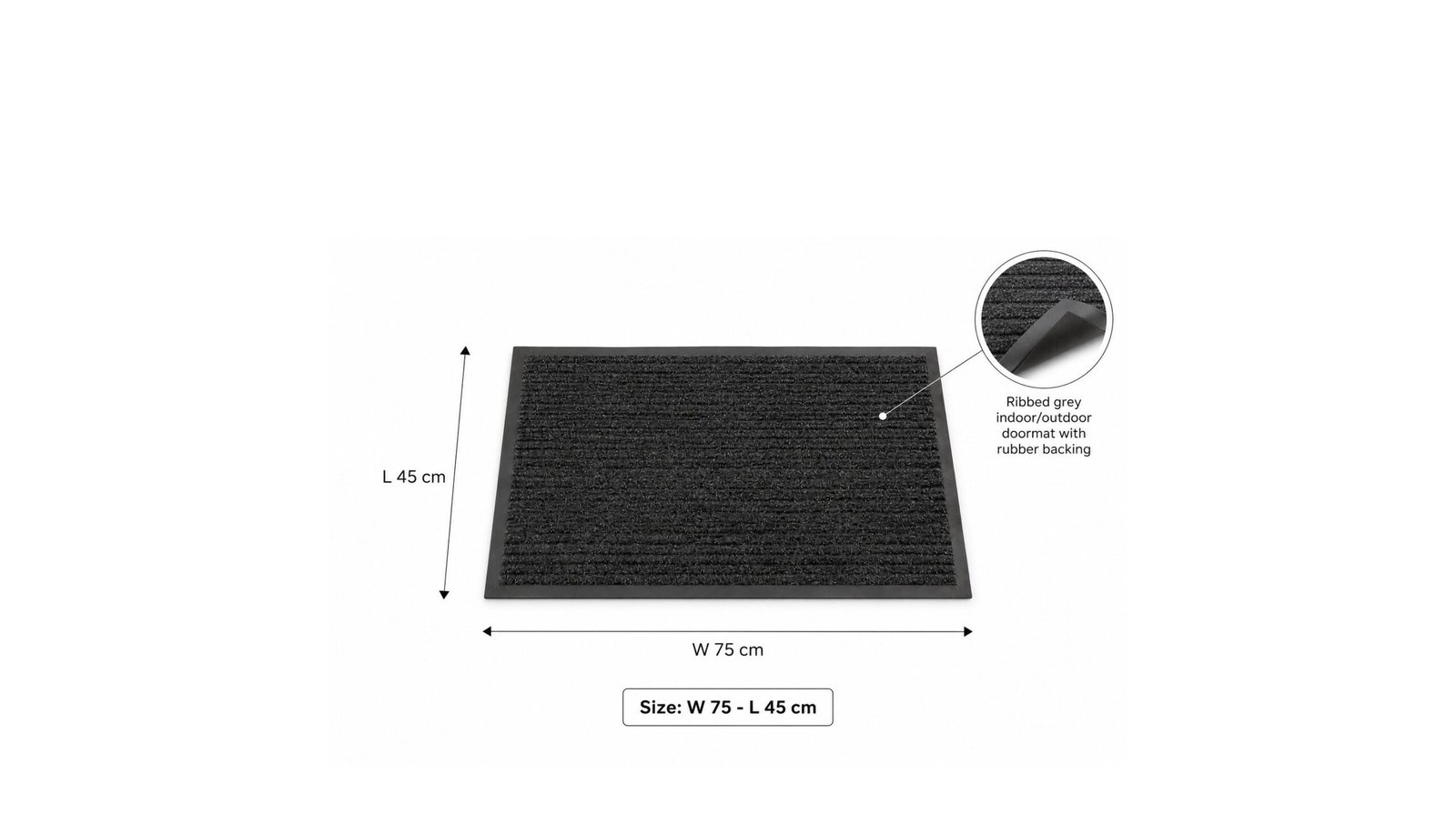 Grey ribbed indoor outdoor doormat 75x45 cm with non-slip rubber backing for entrances and balconies