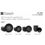 Dorsch Noir black stoneware 24-piece dinnerware set with white geometric pattern including plates and bowls.