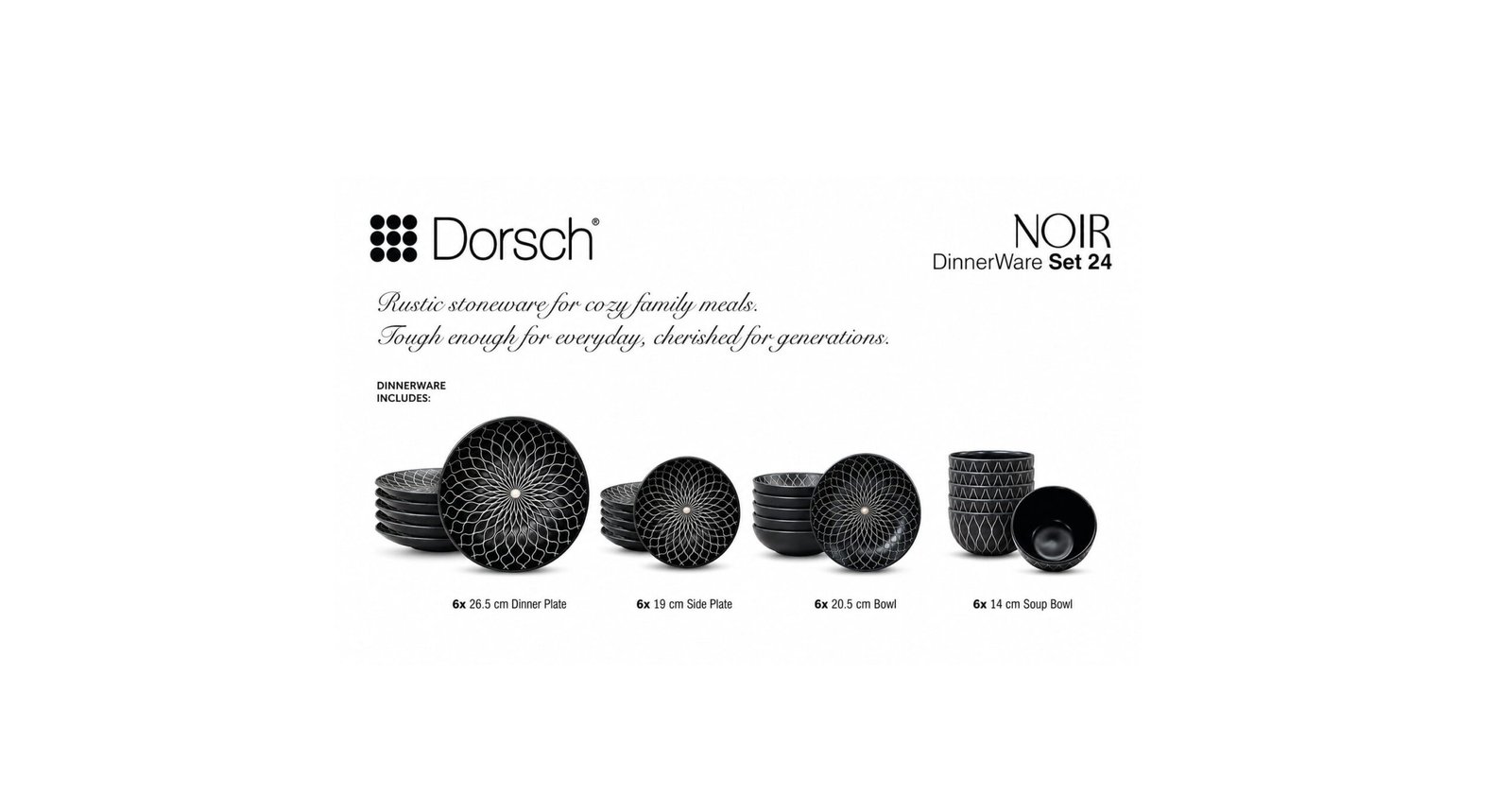 Dorsch Noir black stoneware 24-piece dinnerware set with white geometric pattern including plates and bowls.