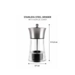 Modern stainless-steel pepper grinder with transparent acrylic body and ceramic grinding mechanism for spices and salt