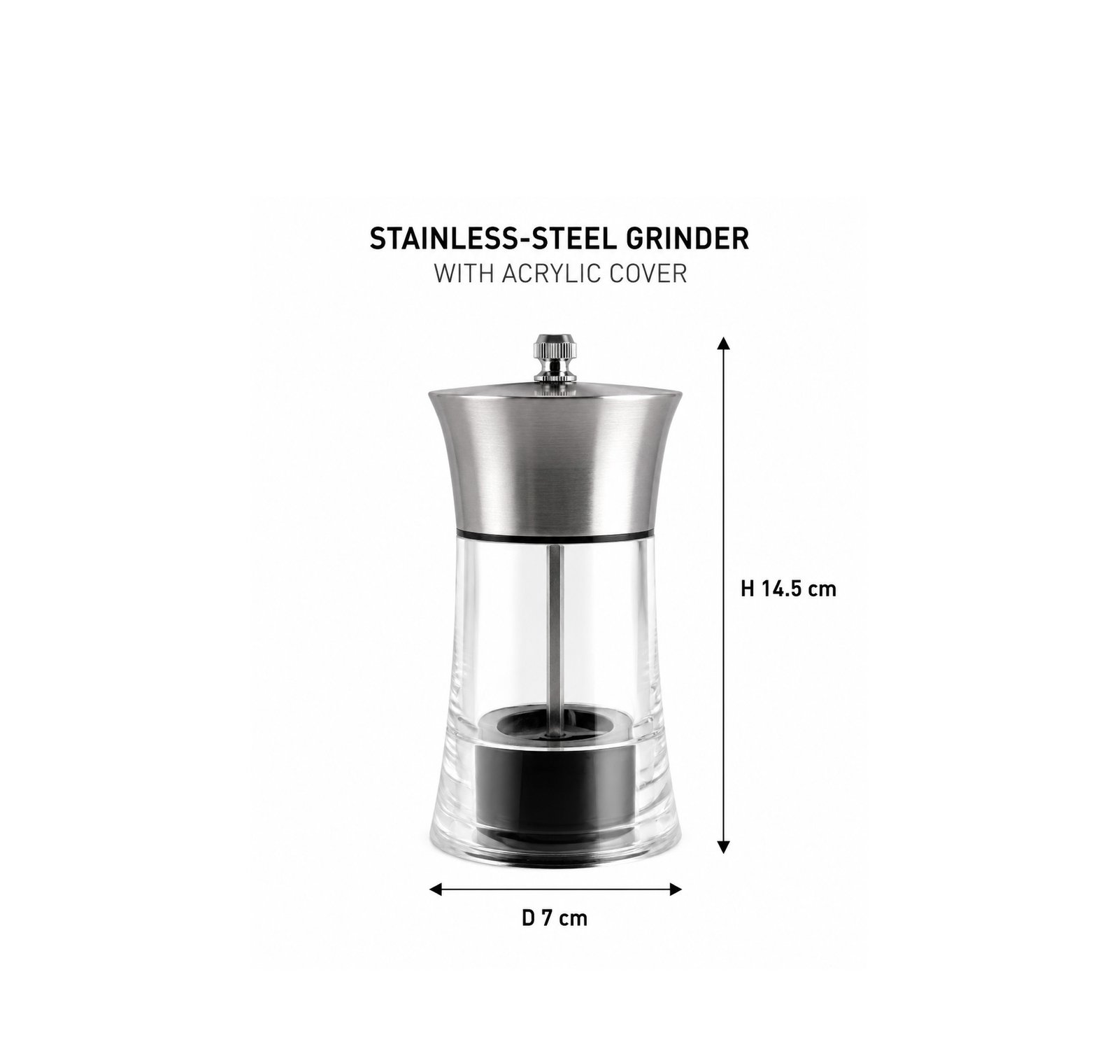 Modern stainless-steel pepper grinder with transparent acrylic body and ceramic grinding mechanism for spices and salt