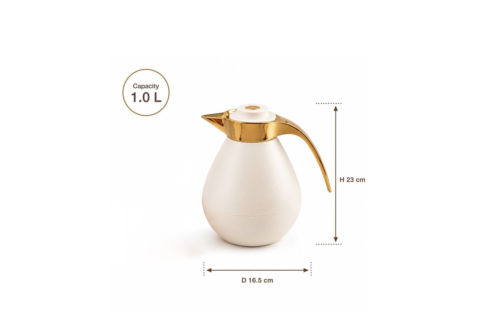 golden pear-shaped thermos 1L for Arabic coffee and tea with elegant handle design on white background