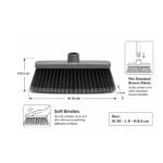Soft bristle broom head with durable black bristles sweeping dirt on modern home tile floor