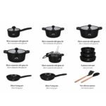 18-piece black ceramic non-stick cookware set with pots pans fryer basket and glass lids on white background
