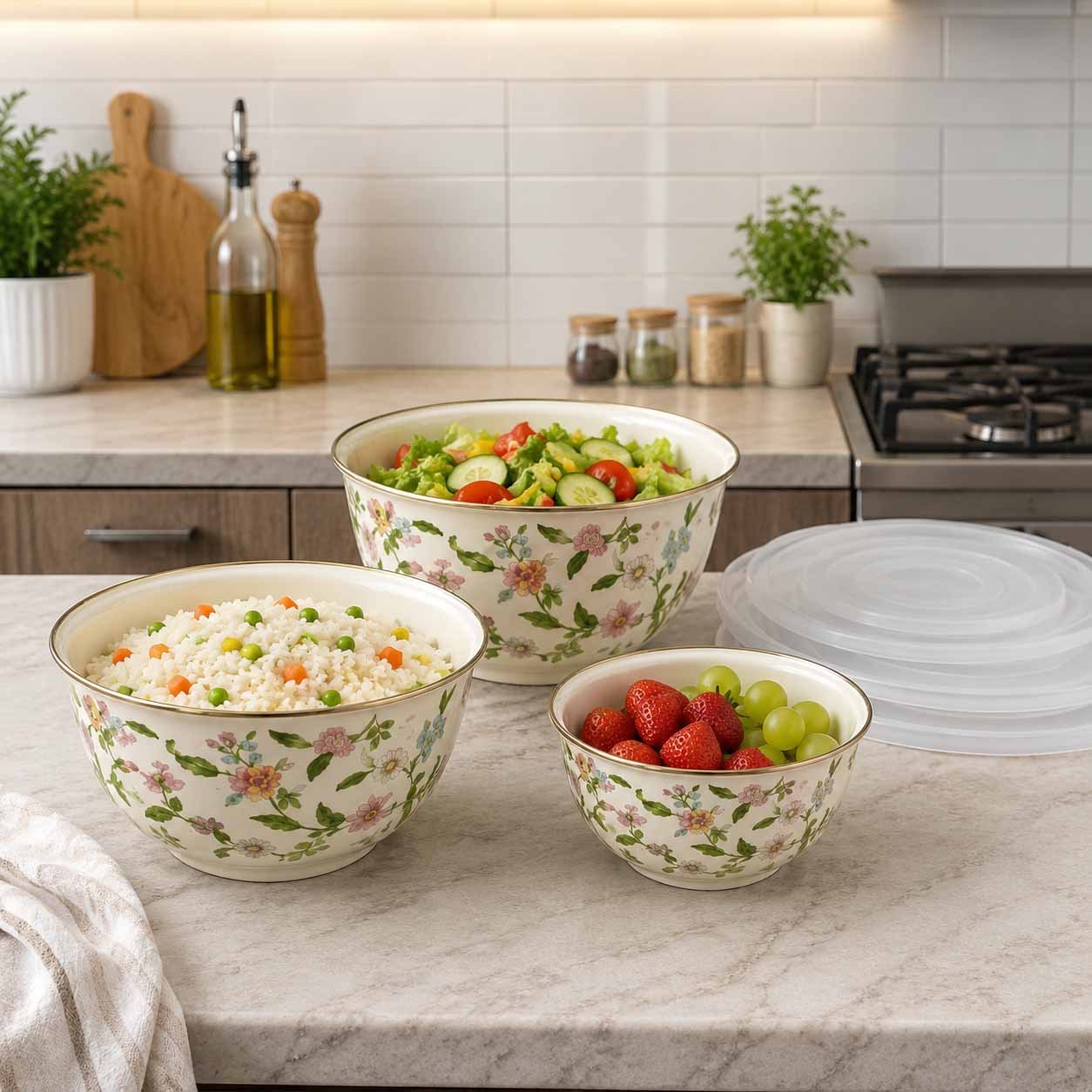 Enamel Bowl Set of 3 with Plastic Lids 16 22 26 cm