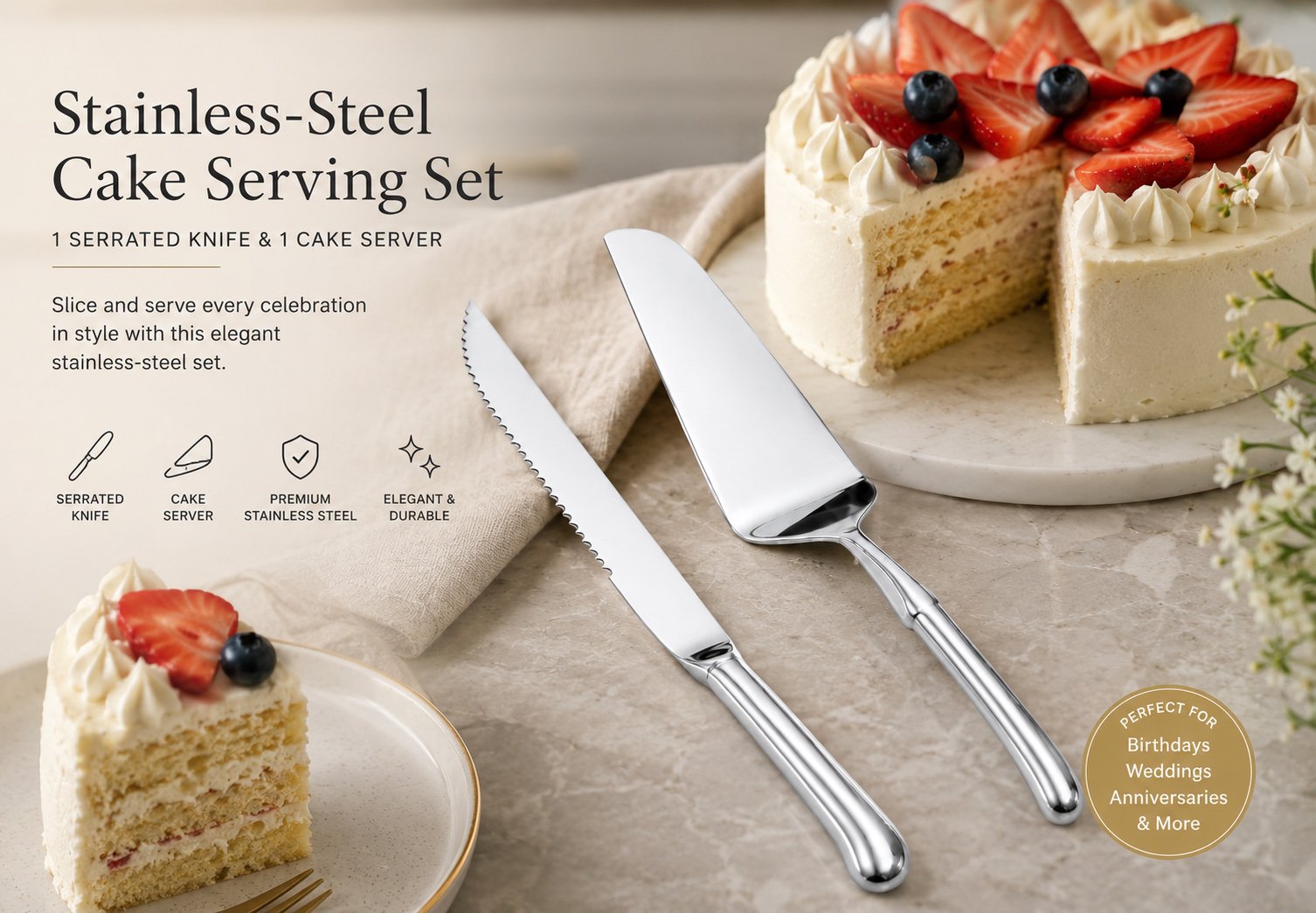 cake serving set with serrated knife and cake server for desserts and celebrations in Lebanon
