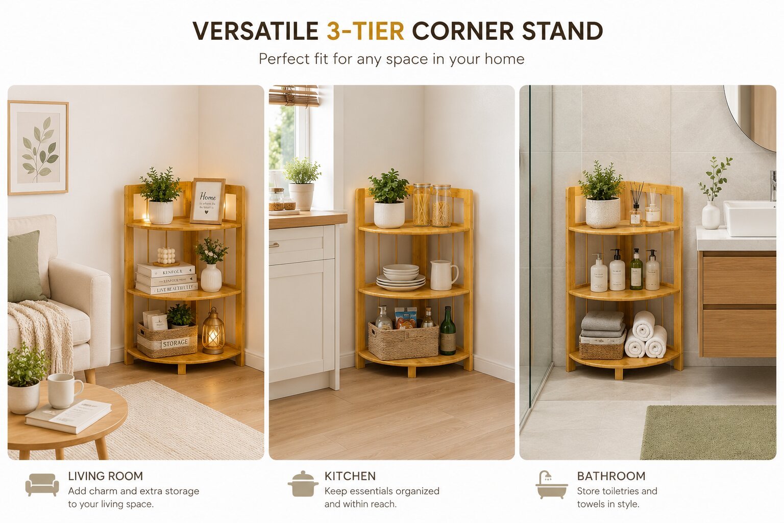 3 tier corner shelf stand for plants, books, storage, and home décor.