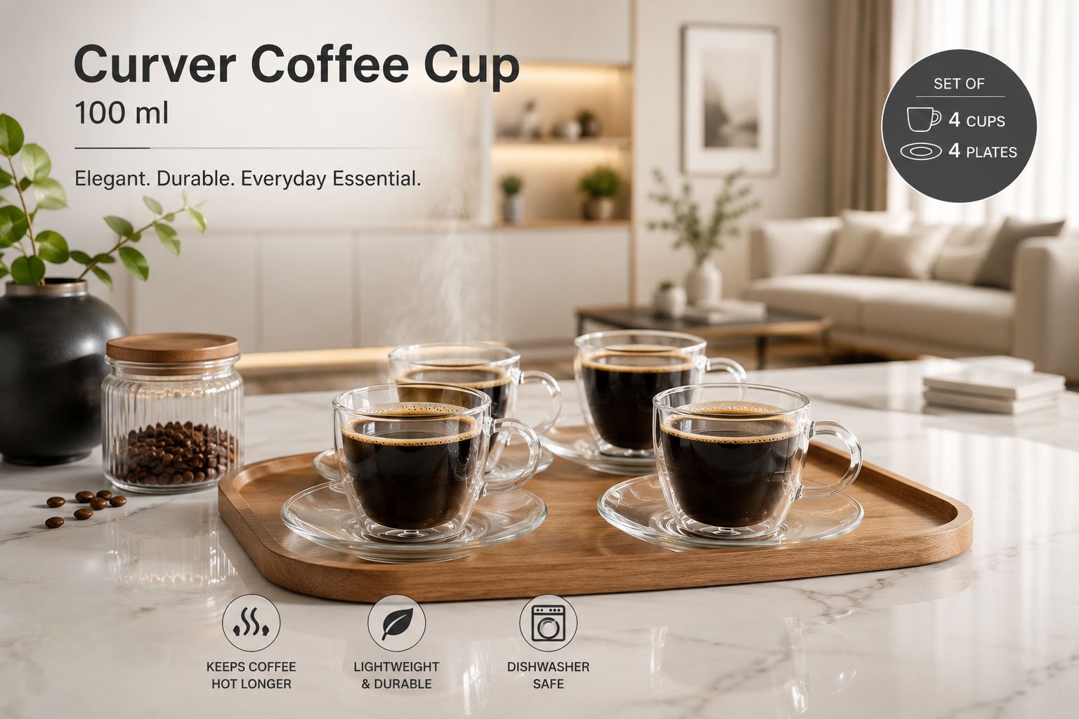Dorsch Curve Coffee Cup Set 4 Pcs 100 ml Glass